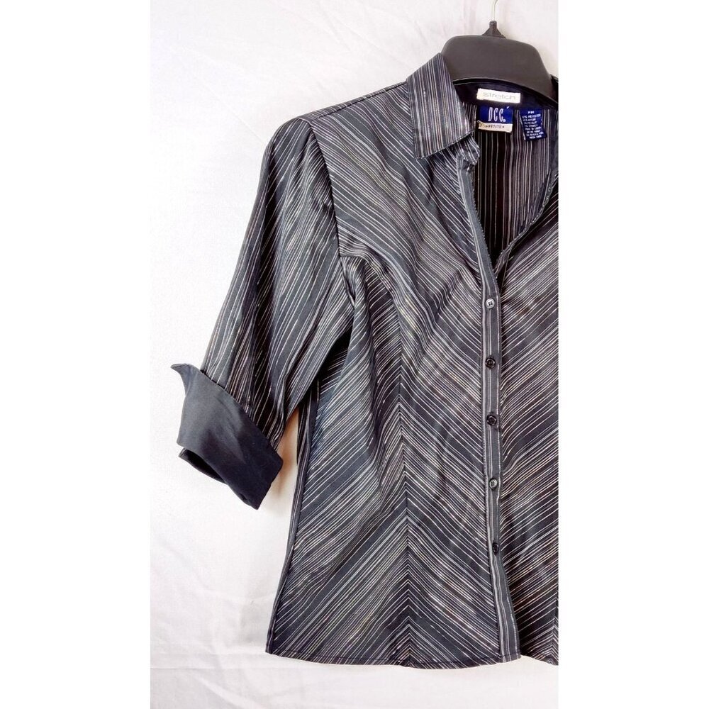 DCC Stretch Fitted Shirt Black Chevron Gray Pin Stripe Silver Thread 3/4 Sleeve - Picture 3 of 9